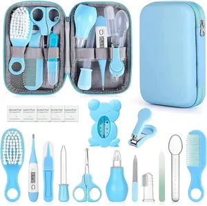 Baby Healthcare and Grooming Kit, Baby Safety Set Baby Comb, Brush, Finger Toothbrush, Nail Clippers, Scissors, Nasal Aspirator, Baby Essentials Nursery Care Kit (13-in-1 Blue)
