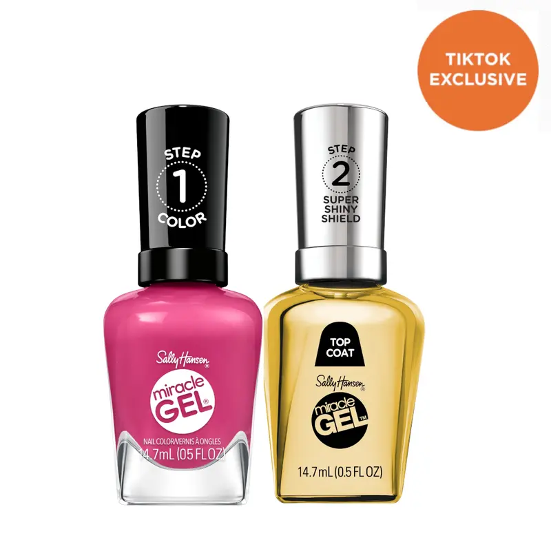 Sally Hansen Miracle Gel Supercharged Pinks Nail Polish + Super Shiny Shield Top Coat Duo Bundle, Long Wear, No UV Light Needed