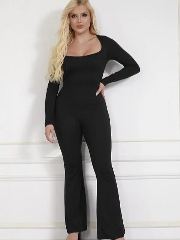 Open Back Fitted Square Neck Long Sleeve Flare Pant Jumpsuit Womenswear Flared Spandex