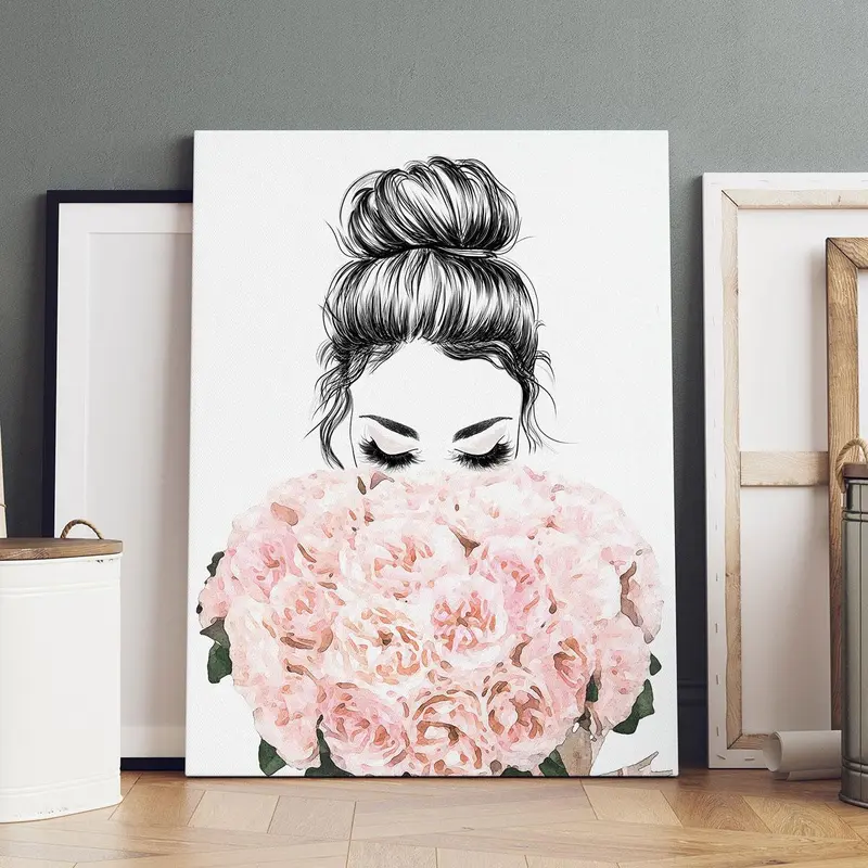 Figure & Flower Pattern Canvas Painting with Frame, 1 Count Modern Simple Decorative Wall Art Painting, Wall Art Decor for Home Living Room Bedroom Office