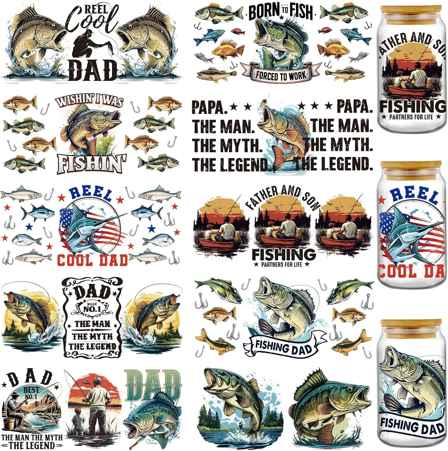 Reel Cool Dad UV DTF Stickers | UV Direct to Film | UV Stickers | 16oz tumbler wraps  | 10 Pack