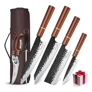 HUUSK Japanese Kitchen Knife Set 6 Pcs With Covers, With Scissors And Sharpener, Portable Storage Bag, Practical Use Gift