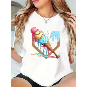 Women’s White T-Shirt Ice Cream Cone Baseball Graphic, Colorful Sprinkles Drip, Casual Summer Sports Fan Tee for Baseball & Ice Cream Lovers 100% Cotton T-shirt