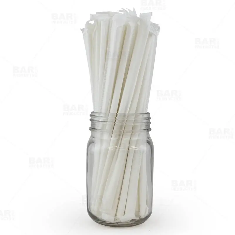 BarConic® Disposable Eco-Friendly Wrapped Paper Straws - 7.75" Solid White, Bar Utensils for Beverages - Packs of 100