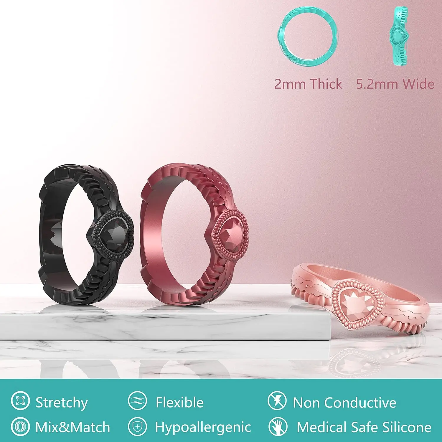 Silicone Wedding Bands for Women, 4/7 Pack of Stackable Metallic Rings with Heart Diamond & Wing Design, Flexible for Active Lifestyles, Heart Design Ring