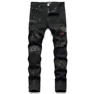 YYK brand High Street Rivet Hole Patch Jeans Men's Slim Casual Handsome Feet Embroidered Straight Pants
