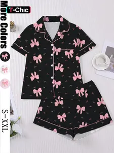 Women's Valentine's Day Sleepwear Set, Bow Print Pajamas, Short Sleeve Button-Up Top & Elastic Shorts, Casual Home Wear Loungewear