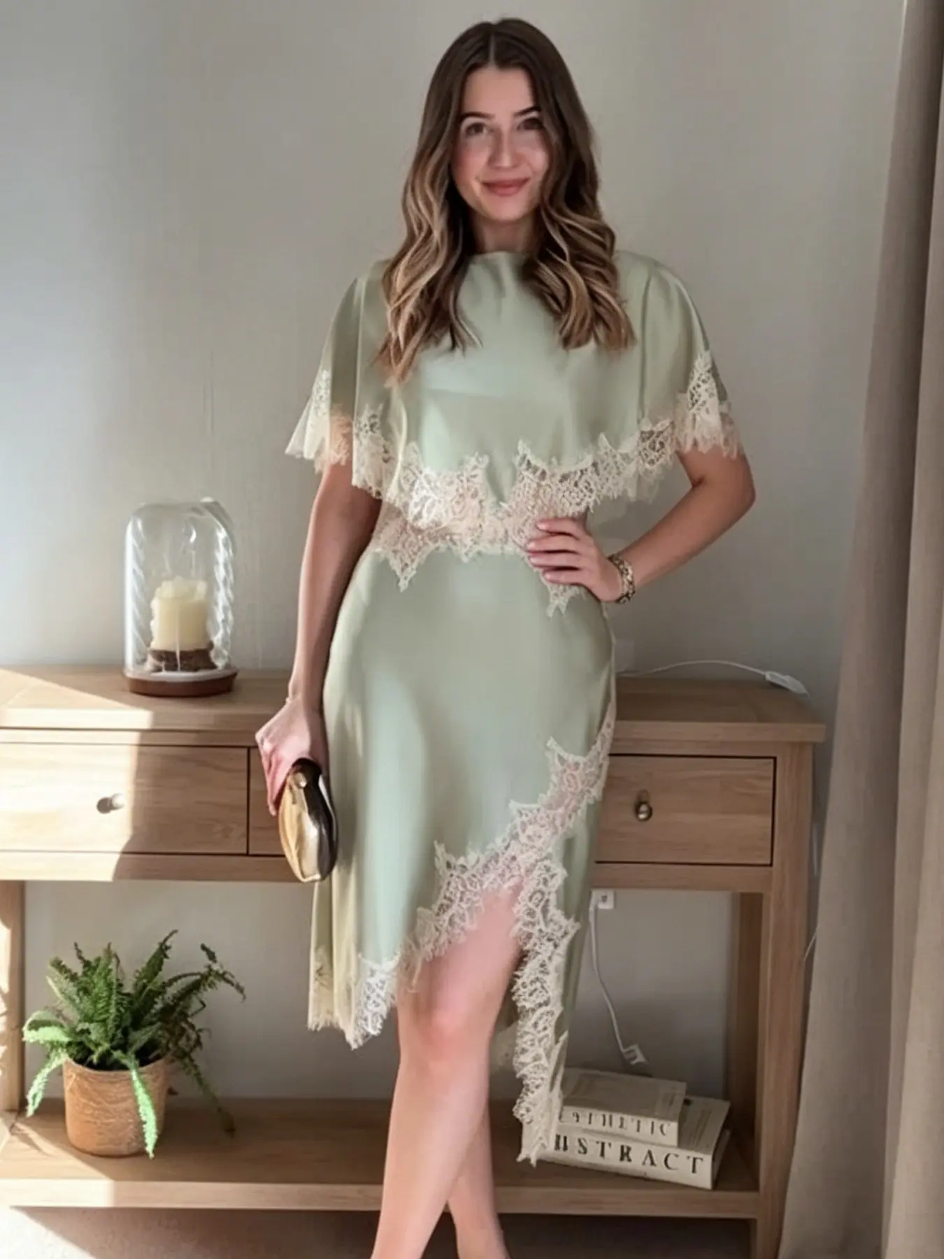 Satin Lace Dress For Women Asymmetric Cut Out Midi Dress Female Summer Sexy Batwing Short Sleeve Hollow Out Vestidos Elegant Woman Party Dresses Chic Prom Dresses Formal Wear Embellished Dress Womenswear