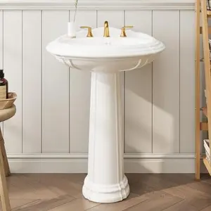 26" W X 20" D Bathroom Pedestal Sink,Vintage White Ceramic Vanity Sink with Overflow and 3 Pre-Drilled Holes - Fits 8-Inch Faucets,Freestanding Restroom Sink Combo for Small Spaces