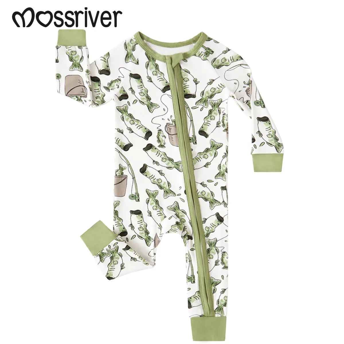 MOSSRIVER Boys' Bamboo Long Sleeve 1-Piece Fishing Print Zipper Sleepwear Outfit - Super Soft Breathable All-Season Gift Kids' Sleepwear, Soft Breathable Sleepwear