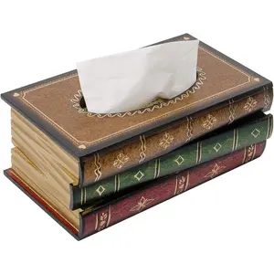 Classical Retro Wooden Book Shaped Tissue Box Cover - Rectangular Tissue Holder Dispenser Napkin Case Home Decor for Bathroom Living Room Office Car Kitchen
