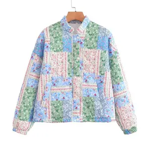 Women's Floral Puffer Jacket Winter Warm Patchwork Quilted Coat Long Sleeve Button Up Outwear