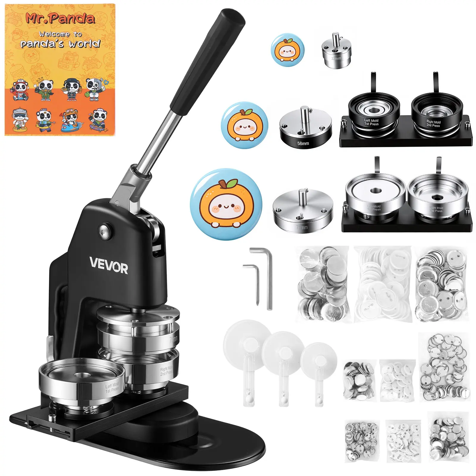 VEVOR Manual 3-in-1 Button Maker Machine (1.25"/2.25"/3" | 32/58/75mm), Built to Last, with 300 Button Parts, Circle Cutter, Magic Book, Ergonomic Handle, for Home DIY Projects, Batch Production, Badges, Keychains, 95%+ Success Rate