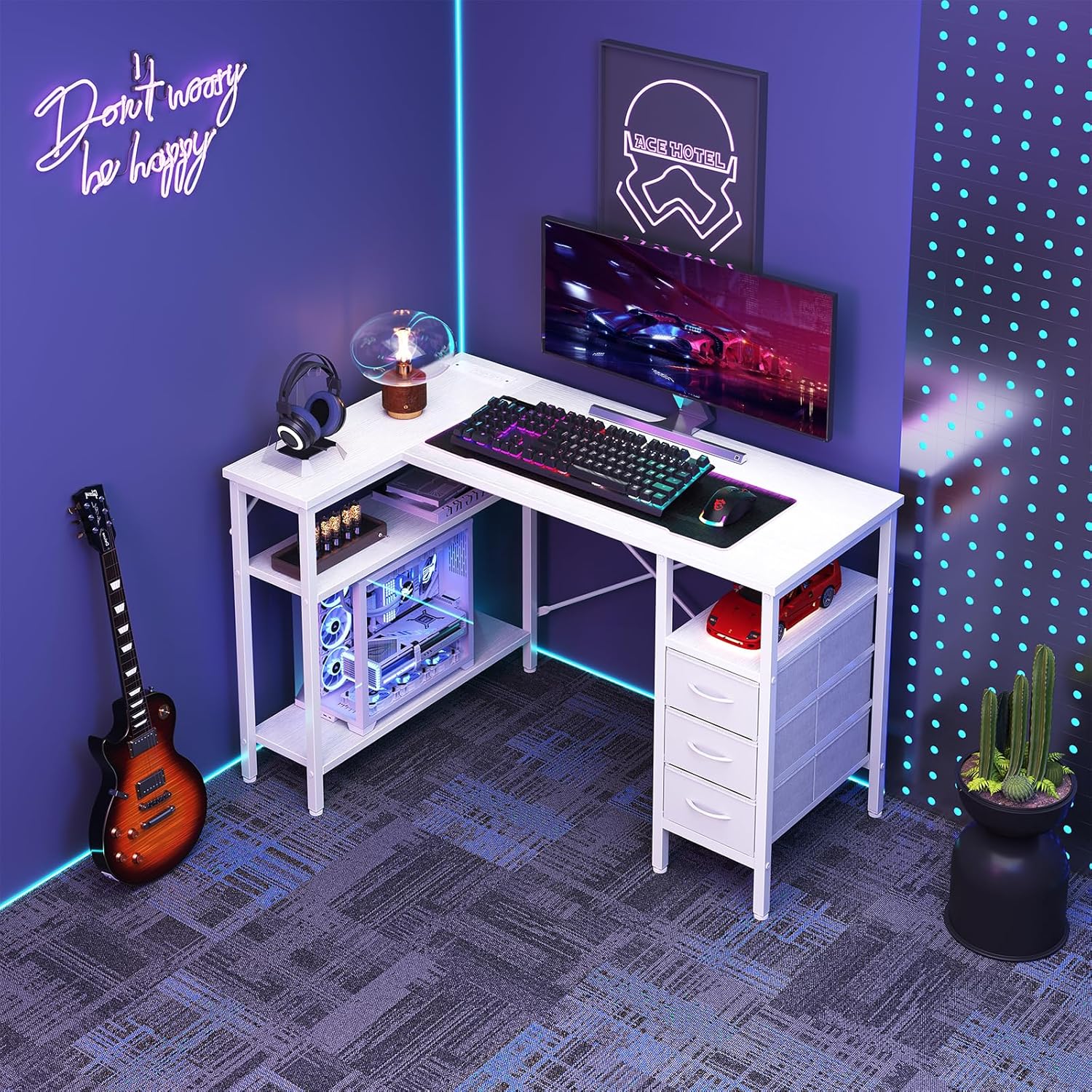 47" L Shaped Desk with Charging Station & Drawers, Corner Computer Desk with Adjustable Shelves for Home Office Gaming 47" L Shaped Desk with Charging Station & Drawers, Corner Computer Desk with Adjustable Shelves for Home Office Gaming