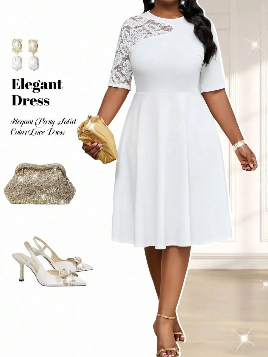 LUNA LAYER Plus Size Women's Elegant White Lace Patchwork A-Line Midi Dress