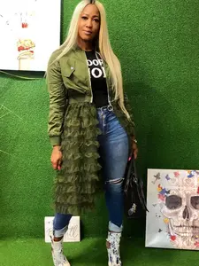 Women's Solid Contrast Mesh Coat, Fashion Casual Layered Ruffle Hem Zip Up Longline Outerwear for Daily Wear, Winter Clothes Women, Women's Clothing for Spring & Fall, Womenswear