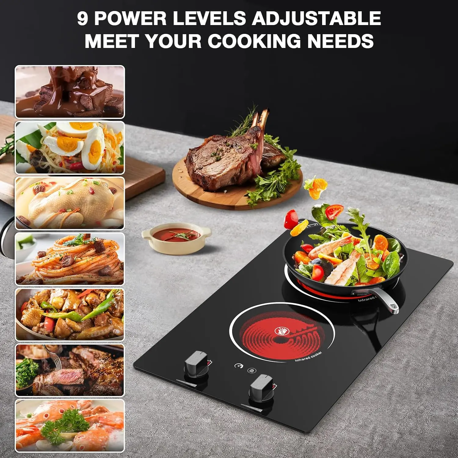 2 Burners Electric Cooktop, 120v Plug in Ceramic Cooktop, 12 Inch Countertop & Built-in Electric Stove Top with Child Safety Lock, Timer, Over-Temperature Protection, Sensor Touch Controlc