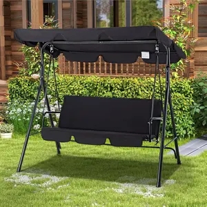 Aecojoy Patio Swings Outdoor, 3-Seat Glider Patio Swings with Removable Cushion and Adjustable Canopy, Porch Bench for Garden, Poolside&Backyard, Black