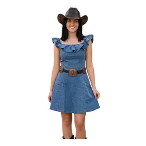 Women's Denim Dress with Ruffle Neckline for Casual Wear