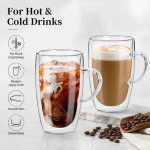 Double Wall Glass Coffee Mugs 16oz with Handle, Coffee Cups Set of 2/4, Clear Borosilicate Glass Coffee Mugs  iced soda home office insulated waterbff gifts daily use drinkware