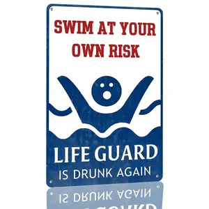 Swim At Your Own Risk Lifeguard Is Drunk Sign Aluminum Swim At Your Own Risk Lifeguard Is Drunk Again Decorative Sign Funny Pool Themed Metal Wall Art For Backyard Pool Patio Outdoor Rustic Decoration 12×8 Inch