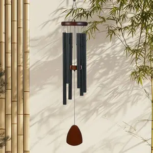 1pc Deep-Tuned Black Aluminum-Wood Wind Chime with Red Decor, 6 Alloy Tubes, No Power Needed, Hanging Hook Included, Patriotic Memorial Style, Water-Resistant, Ideal for Living Room Garden, Perfect for Birthday Decor Gifts