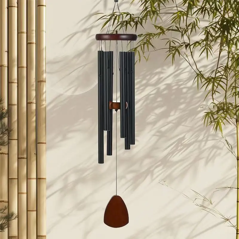 1pc Deep-Tuned Black Aluminum-Wood Wind Chime with Red Decor, 6 Alloy Tubes, No Power Needed, Hanging Hook Included, Patriotic Memorial Style, Water-Resistant, Ideal for Garden Landscaping Decor, Perfect for Memorial Gifts