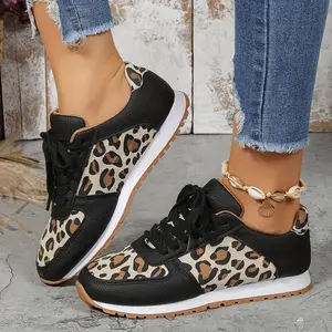 Women's Leopard Print Sneakers, Stylish Lace Up Flat Sneakers, Women's Fashion Non Slip Shoes plus size
