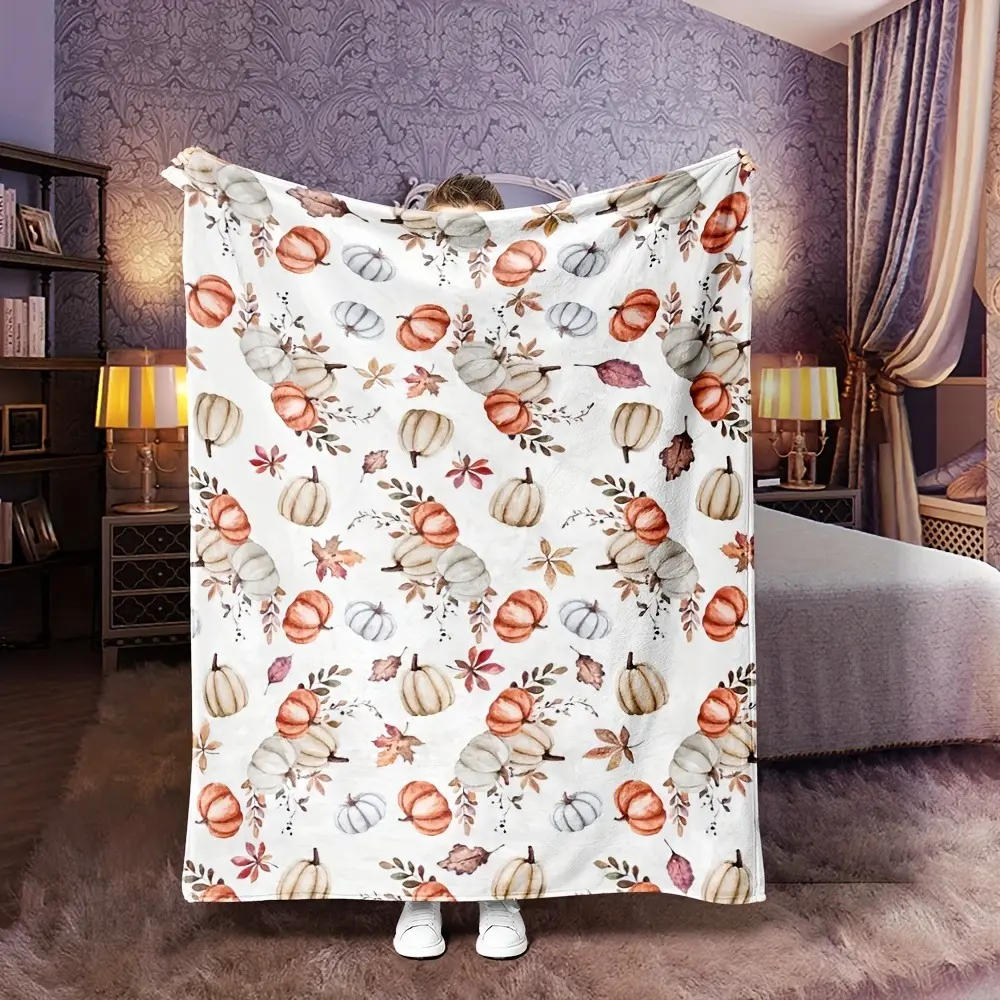 Ultra Soft Flannel Fabric Fleece Throw Blanket, Pumpkin Print Multi-Shade Fall Foliage Design, Rust Orange Cream Grey Gourd Maple Leaf Repeat Pattern, Farmhouse Thanksgiving Autumn Home Decor Gift for Indoor Use, Room Decor, One-Piece