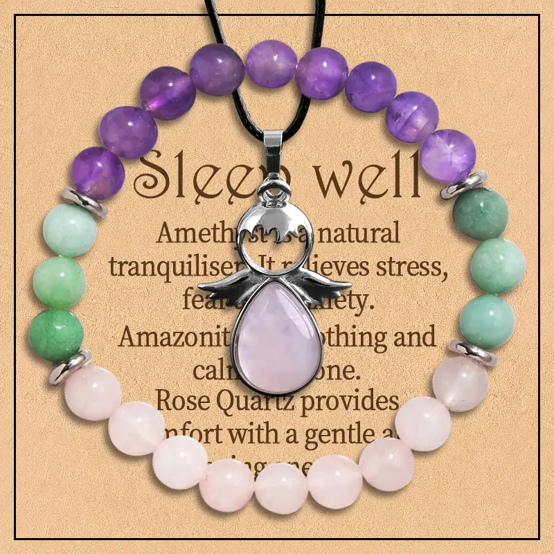 2 Styles 2PCS Sleep Jewellery Sets, Natural Pink Crystal Amethyst Bracelet and Pink Crystal Angel Flower Necklace with Sleep Cards to Promote Sleep, Gifts for Women, Mums and Friends