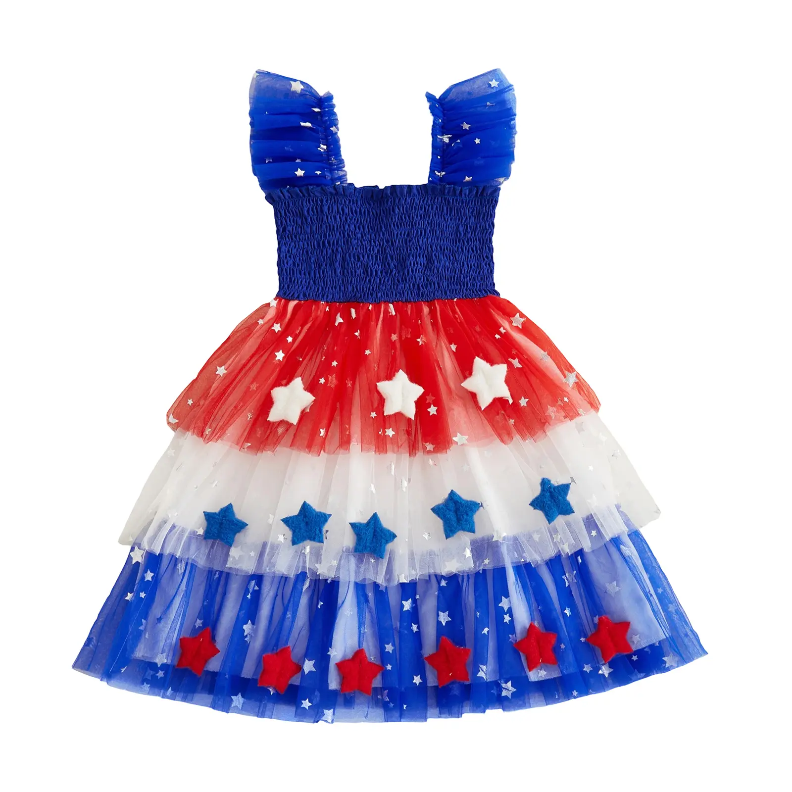 Baby Girl Flutter Sleeve Tulle Dress Classic Star Print Tiered Tutu Skirted Dress