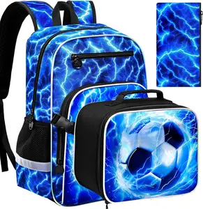 Kids Backpack for Boys, 3PCS Bookbag Set with Clip-On Lunch Box, 17“ Water Resistant Lightning Soccer School Bag for Elementary Preschool Toddler, CLIP & GO!