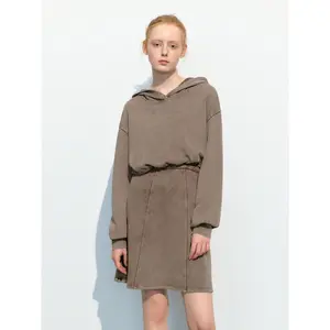 URBAN REVIVO 2026 Spring Women's Minimalist Washed Knit Hooded Skater Dress - Longsleeves, V-Neck, Cotton Shell, Thick Polyester-Cotton Fabric, Style UWL740009, Casual Wear, Throw-and-Go Casual Dresses