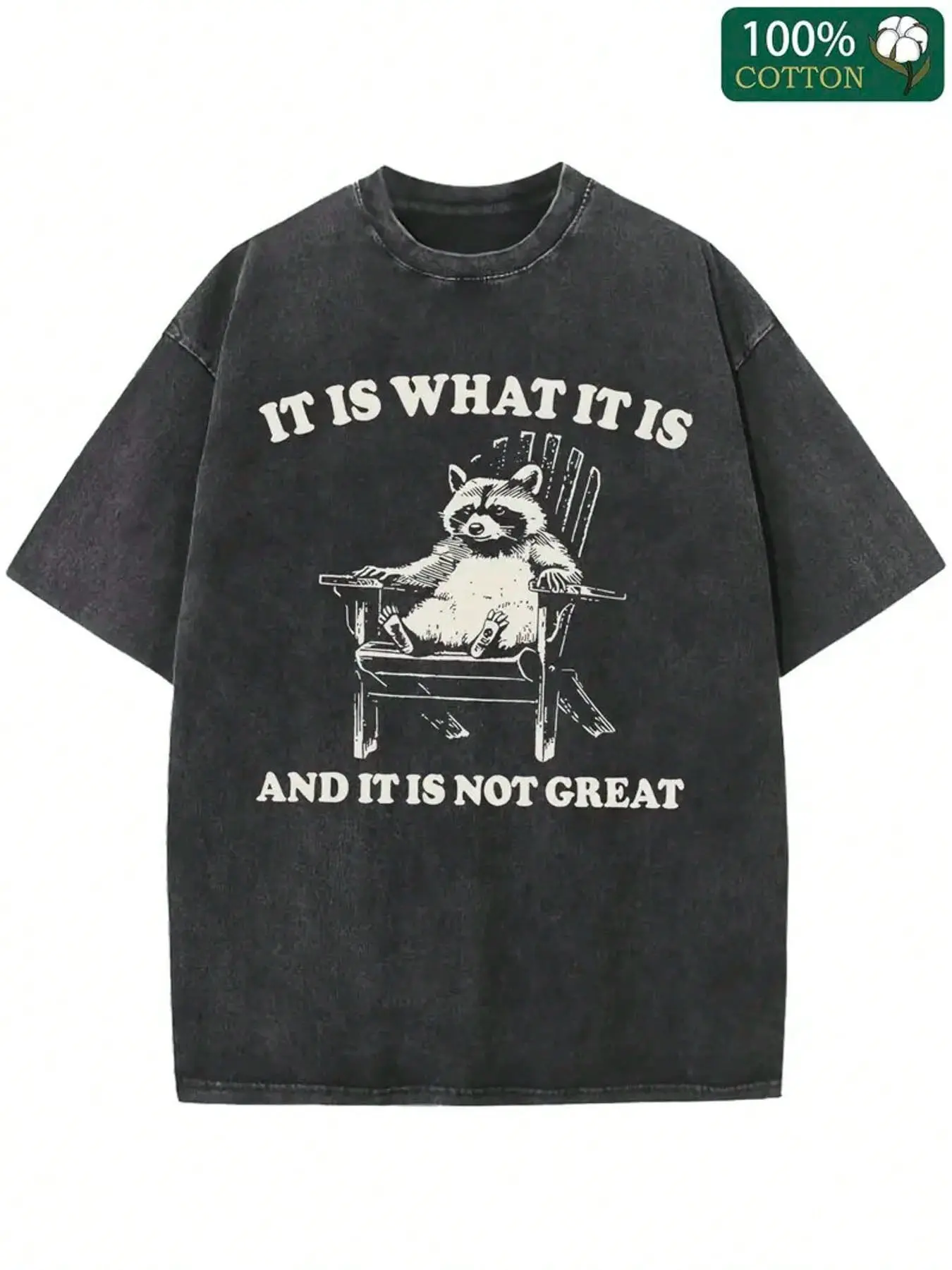 Vintage It Is What It Is Raccoon Lawn Chair Funny Meme T-Shirt, Washed Black Cotton Oversized Short Sleeve Casual Crewneck Tee