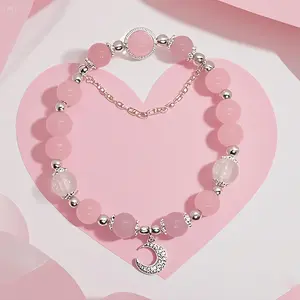 Aphrodite Brand 1pc Pink Quartz Bracelet with Moon Pendant Handmade Women's Fashion Jewelry Secret Message Gifts for Daily Wear or Special Occasions