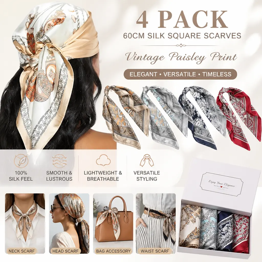 Women's 23.6"x23.6" Polyester Printed Headscarf - Lightweight Silk-Like Scarves, Breathable Satin Bandana, Soft Multiple-Use Kitchen Accessory for Neck Wrap, Handbag - Summer Use