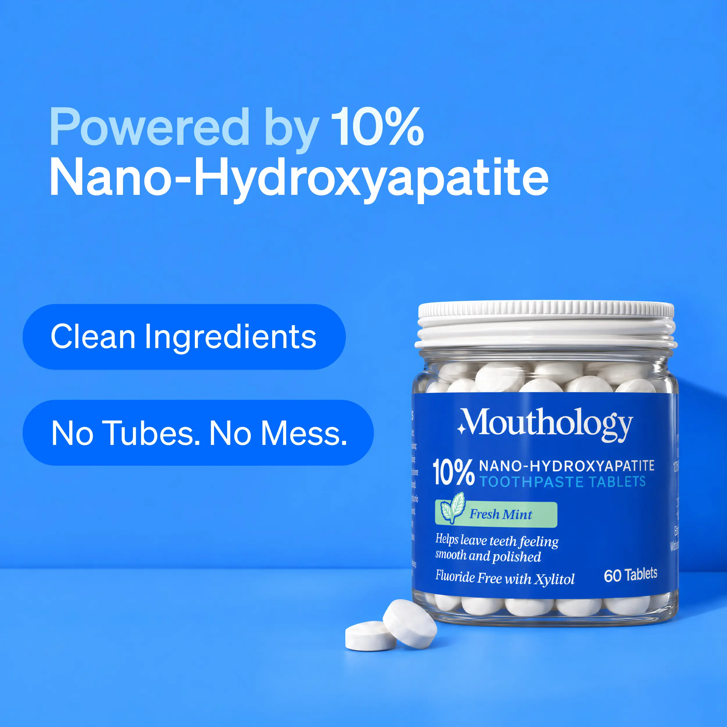Mouthology 10% Nano Hydroxyapatite Toothpaste Tablets | Fluoride Free Travel Toothpaste Tabs with Xylitol | Toothpaste Tablets for Enamel Support, Brightening & Fresh Breath | Fresh Peppermint, 60 Count