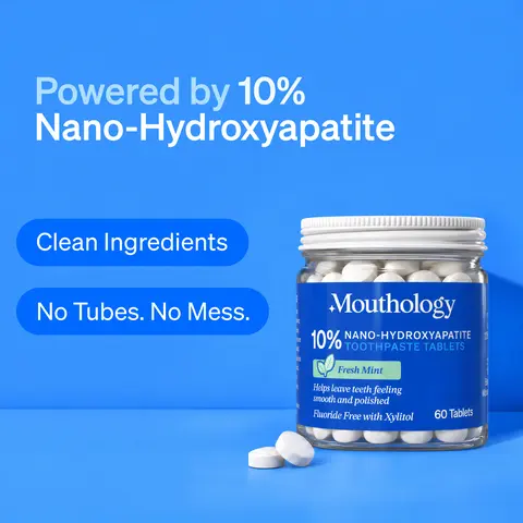Mouthology 10% Nano Hydroxyapatite Toothpaste Tablets | Fluoride Free Travel Toothpaste Tabs with Xylitol | Toothpaste Tablets for Enamel Support, Brightening & Fresh Breath | Fresh Peppermint, 60 Count