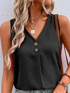 Summer New Fashion Solid Color Tank Top V Neck Button Sleeveless Casual Vacation Wear, Loose-Fitting, No Zipper, Without Collar