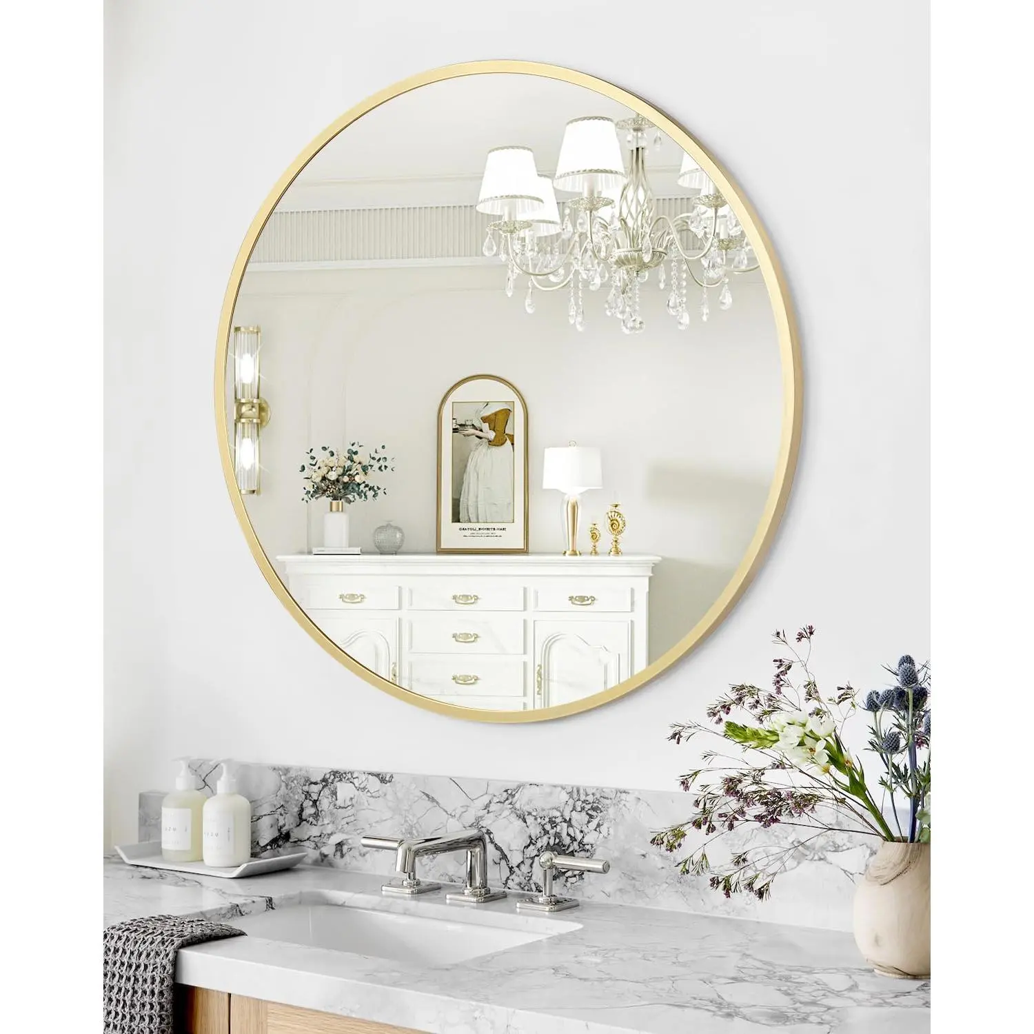 Round Mirror – 20-Inch Circular Wall Mirror for Bathroom Vanity, Gold Metal-Framed Hanging Mirror, Decorative Wall Accent, Bathroom Vanity Mirror, Decorative Mirror for Living Room, Bedroom, and Entryway (Non-Illuminated)