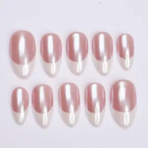 Minimal Press on Nails Pearl Shine with White French Tip, Everyday Fake Nail Arts in Short Almond, Handmade Nail Art for Holiday