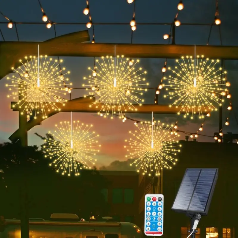 Solar-Powered Hanging Outdoor Firework Lights, 450 Leds, Timer & Remote Control, 8 Flash Modes, Smart Light Sensor, Perfect for Patio, Garden, Tent Decor, Outdoor Lighting, Yard Lighting, Outside Lights
