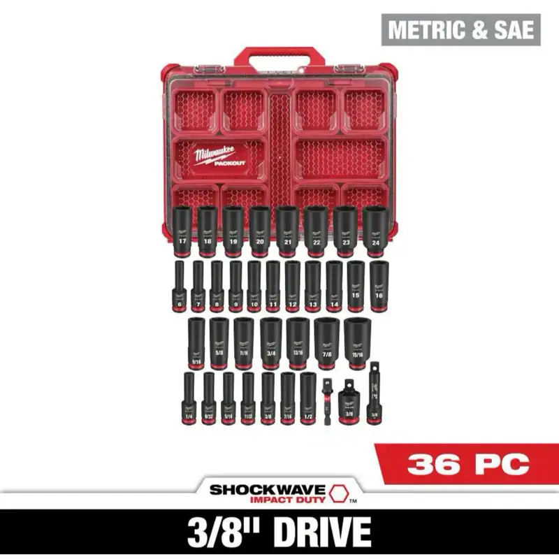 Milwaukee SHOCKWAVE Heavy-Duty 3/8 in. Drive Metric and SAE Deep Well Double-Ended Impact Socket Set, 36-Piece Impact-Duty Tool Kit Set with PACKOUT Compatibility