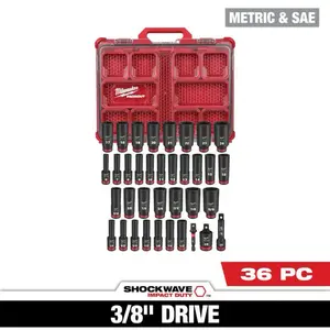 Milwaukee SHOCKWAVE Heavy-Duty 3/8 in. Drive Metric and SAE Deep Well Double-Ended Impact Socket Set, 36-Piece Impact-Duty Tool Kit Set with PACKOUT Compatibility