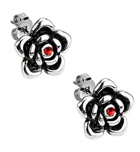 Rose Blossom Red CZ Stainless Steel Stud Earrings