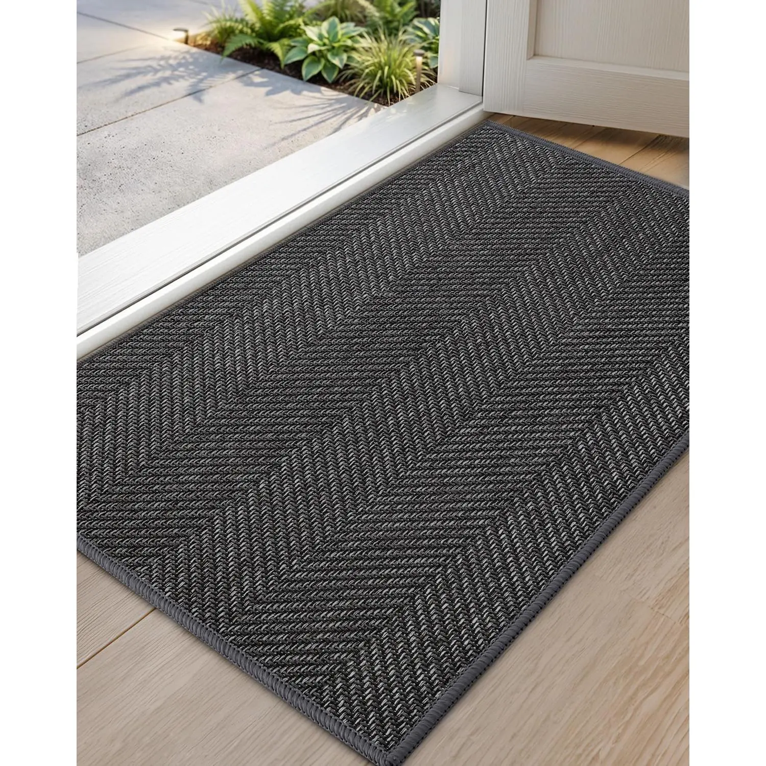 Geometry Ultra Thin Indoor Door Mat 24"x36", Machine Washable Front Door Mat Non Slip, Low Profile Entrance Mat Indoor, Absorbent Doormat for Inside, Entry, Entryway, Charcoal Grey Heather(FOLD)