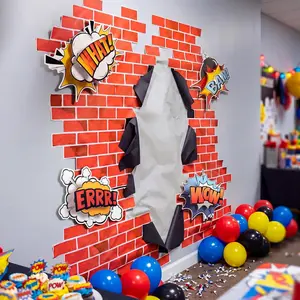 Preboun 5 Pcs Hero Party Decorations 4.9 ft Brick Backdrop 4 Pcs 3D Multilayer Hero Action Sign Cutouts Comic Birthday Party Backdrop for Classroom Birthday Office Door Cover Photo Prop Decor(Red)