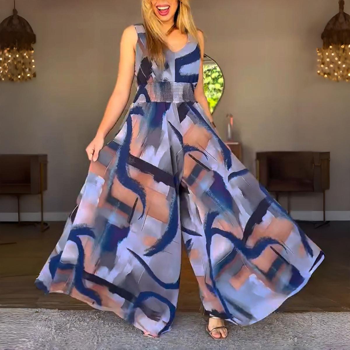 ChicMe Women's Vintage Abstract Oil Painting Print V-Neck Stretchy Thick Straps High Waist Backless Overalls Casual Shirred Waist Cinched Waist Wide Leg Jumpsuit