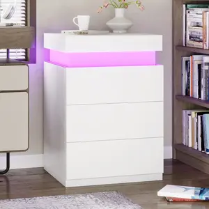 Sikaic Nightstand with LED Lights & Charging Station White Modern Accent Table 2 Power Outlets 2 USB Ports Sliding Top Drawers for Bedroom Living Room