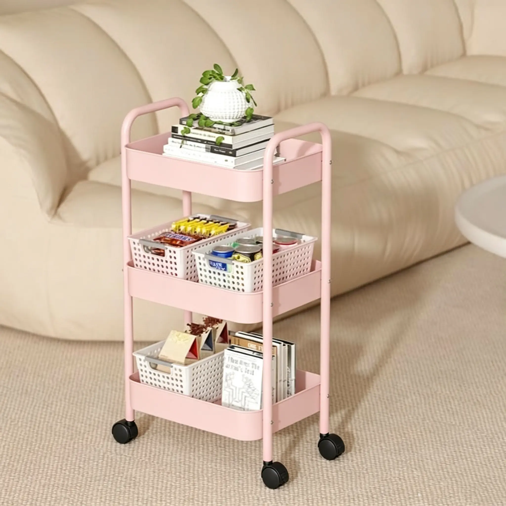 Heavy Duty Steel Frame 3-Tier Lockable Silent Rolling Utility Cart with Lockable Wheels, 360° Wheels, Adjustable Racks, Perforated Baskets - White & Pink 3-Layer Home Organizer for Office, Newborn Baby Storage